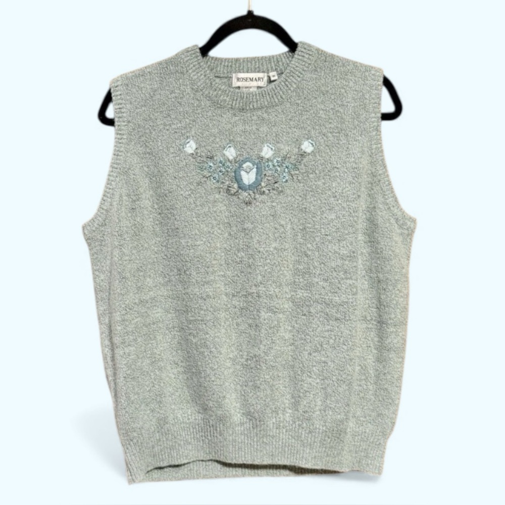 Womens Vintage Kitschy Cottage Soft Knit Sweater Vest BlueGrey Embroider Flowers